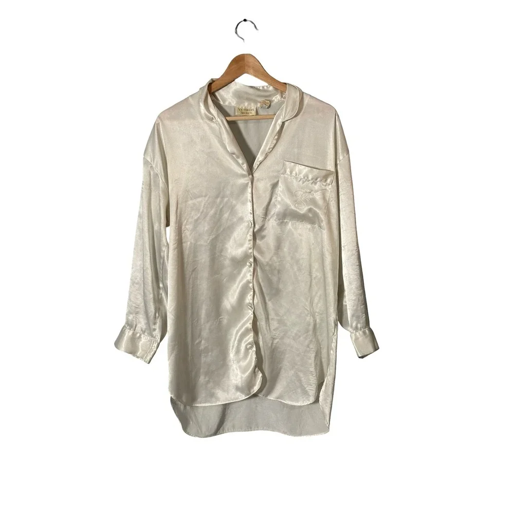 Victoria's Secret Vintage Gold Label Ivory Satin Sleep Shirt Size S Button Up‎